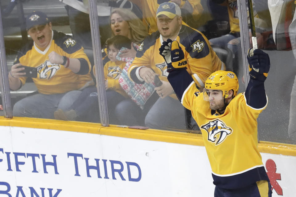 Nashville Predators right wing Rocco Grimaldi celebrates after scoring the winning goal against the Columbus Blue Jackets in a shootout during an NHL hockey game Saturday, Feb. 22, 2020, in Nashville, Tenn. The Predators won 4-3. (AP Photo/Mark Humphrey)