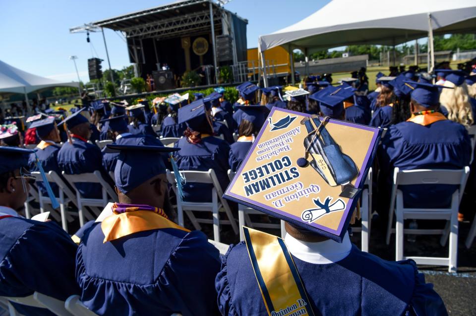 May 11 2024; Tuscaloosa, AL, USA; Quentin German’s mortar board announces his degree and the event at Stillman College’s Spring Commencement Saturday.
