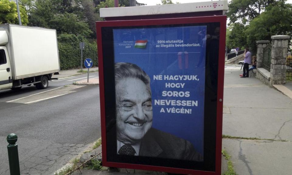 An anti-Soros campaign ad reading “99 percent reject illegal migration” and “Let’s not allow Soros to have the last laugh” in Budapest, Hungary.