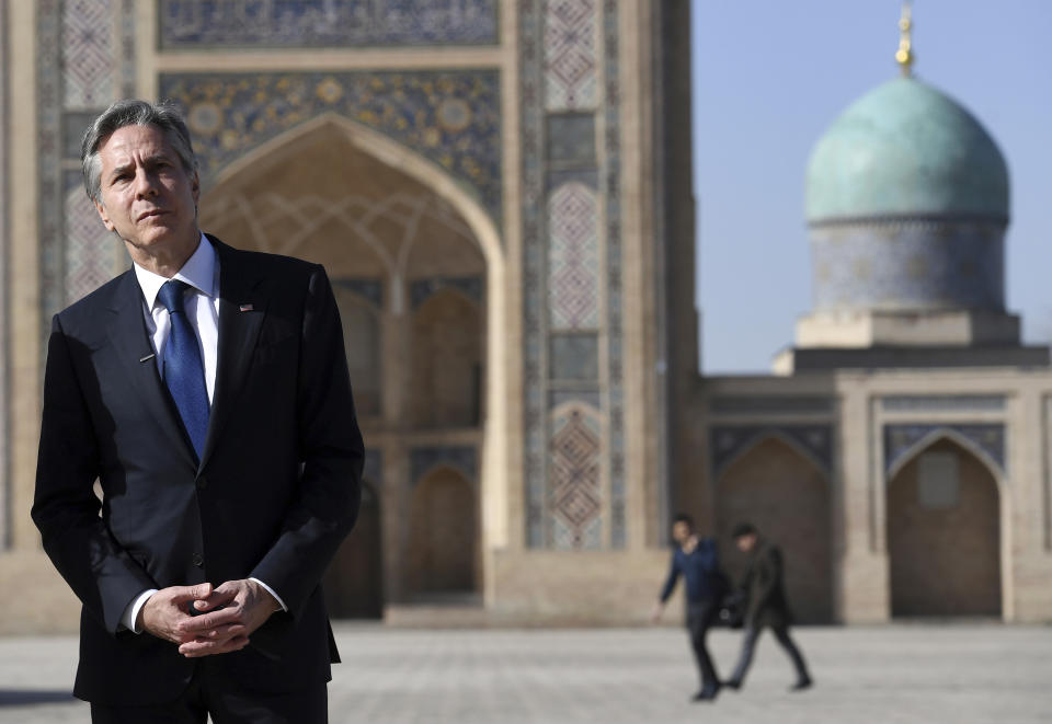 U.S. Secretary of State Antony Blinken visits the Khast-Imam cultural site ensemble in Tashkent, Uzbekistan, Wednesday, March 1, 2023. (Olivier Douliery/Pool Photo via AP)