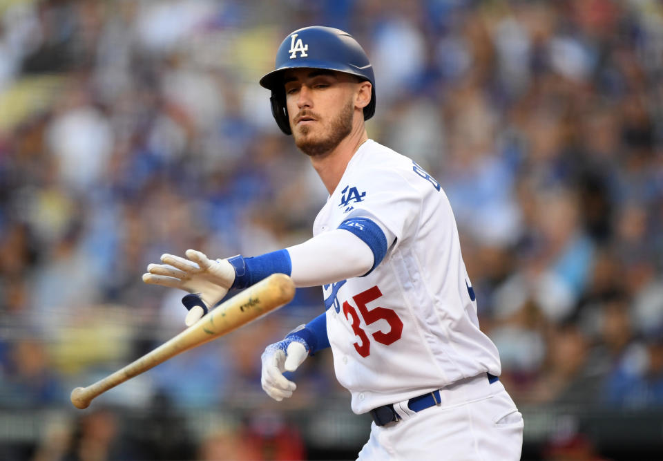 Cody Bellinger #35 of the Los Angeles Dodgers reacts to a walk during a game this season. (Harry How/Getty Images)