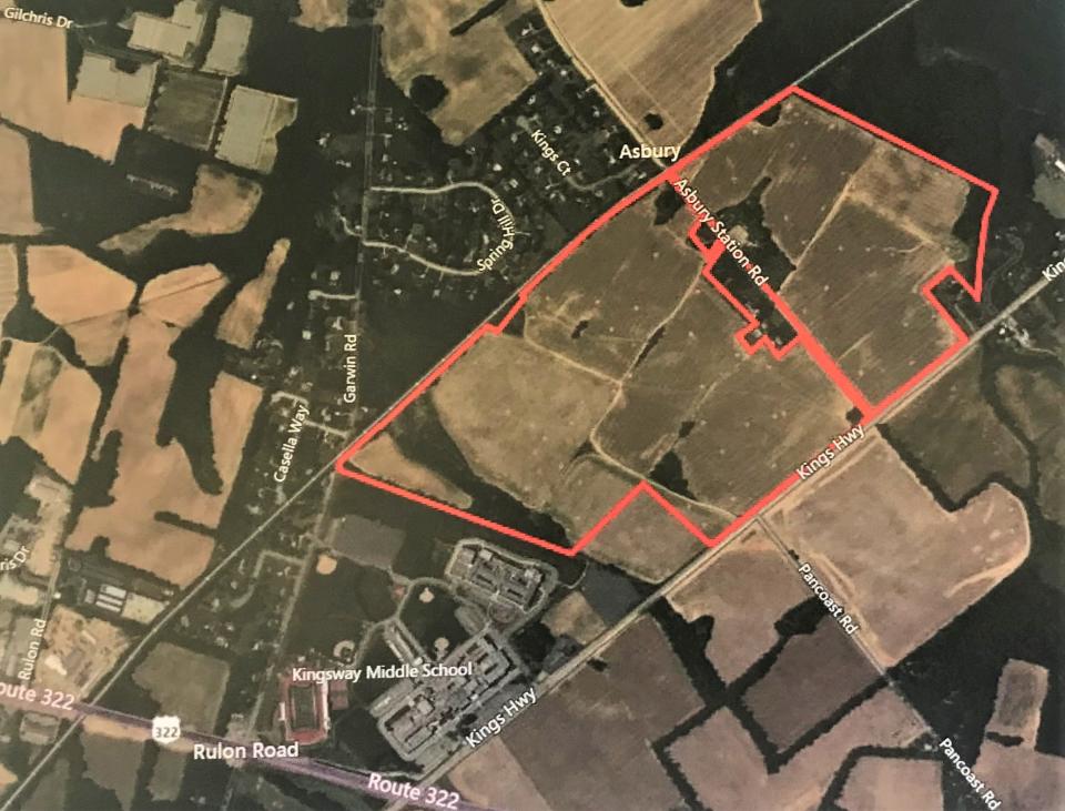 An aerial site map of the 243 acres where the Kings Meadow residential center project will be built in Woolwich Township likely starting in late 2024. Asbury Station Road bisects the development into distinct East and West communities. The map was an exhibit at ae Thursday, August 17, 2023 local Joint Land Use Board hearing.