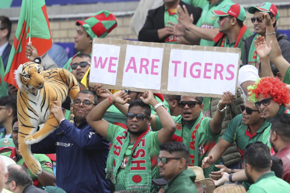 Bangladesh fans show support during the Cricket World Cup match between Australia and Bangladesh at Trent Bridge in Nottingham, England. Thursday, June 20, 2019. (AP Photo/Rui Vieira)