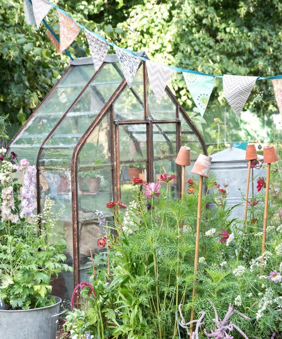 mini greenhouse in vegetable garden with bunting