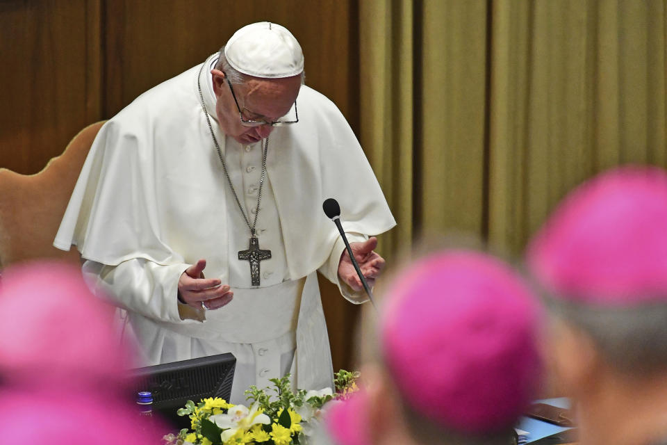 Pope Francis prays at the opening of a sex abuse prevention summit, at the Vatican, Thursday, Feb. 21, 2019. The gathering of church leaders from around the globe is taking place amid intense scrutiny of the Catholic Church's record after new allegations of abuse and cover-up last year sparked a credibility crisis for the hierarchy. (Vincenzo Pinto/Pool Photo via AP)