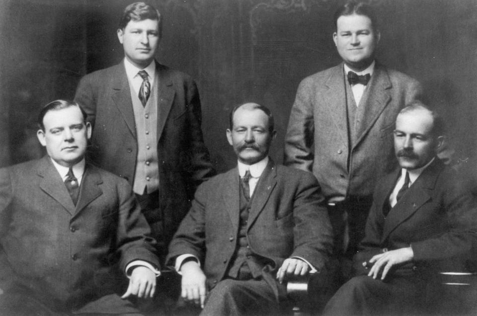 C.C. Slaughter's five sons, pictured here in1911, all were active in ranching and land development on the South Plains. Dick Slaughter (seated left) played a role in the founding of Lehman and Bledsoe, and Bob (seated right) was the founder of Sundown. George M. Slaughter (seated center) was manager of the Lazy S Ranch in Cochran and Hockley counties and a banker in Roswell, New Mexico. C.C.'s two youngest sons,  Alex and CC (standing L to R) did not sell the land they inherited.