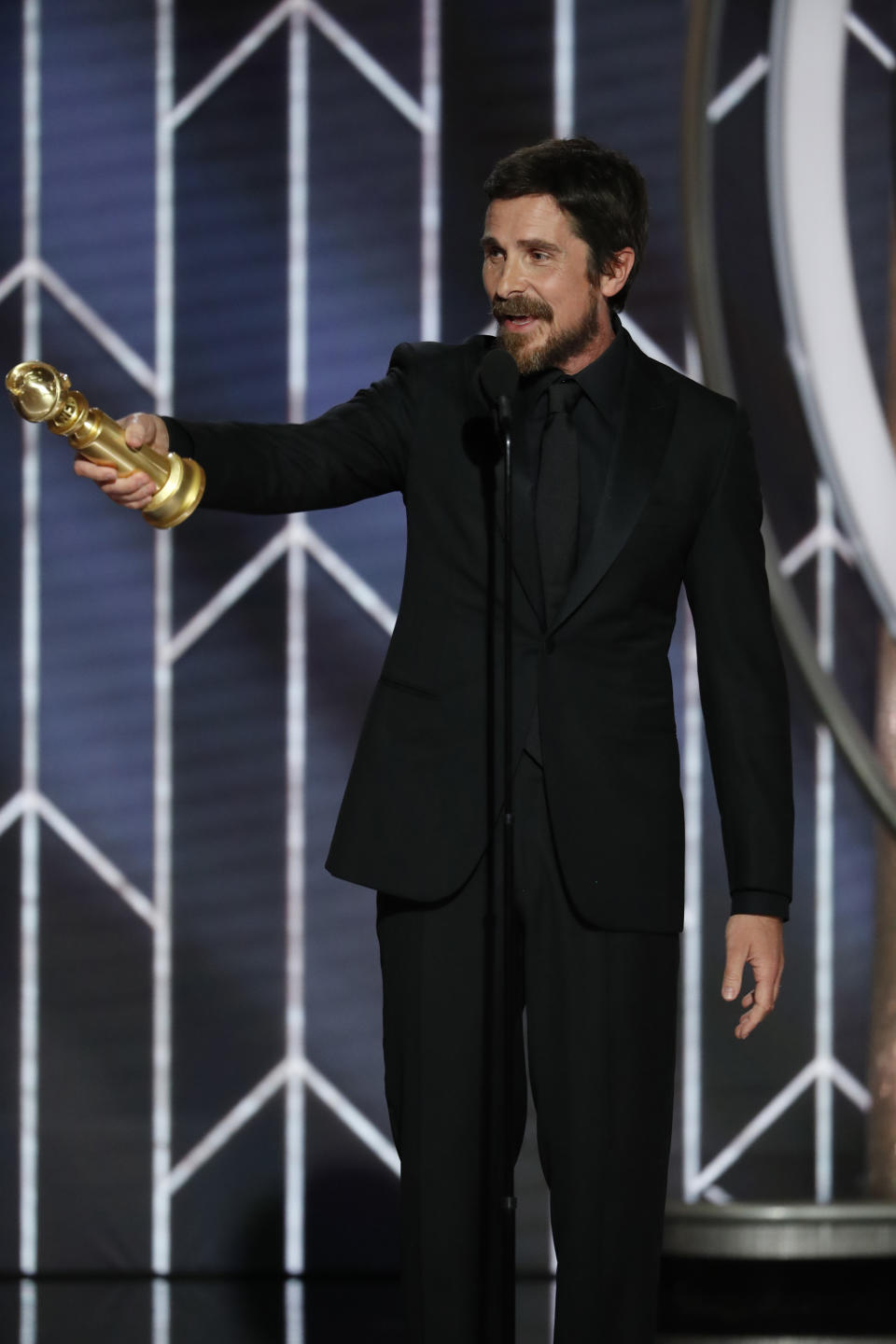 Jan 6, 2019; Beverly Hills, CA, USA; Christian Bale, Best Actor – Motion Picture, Musical or Comedy, “Vice” during the 76th Golden Globe Awards at the Beverly Hilton. Mandatory Credit: Paul Drinkwater/NBC via USA TODAY NETWORK/Sipa USA