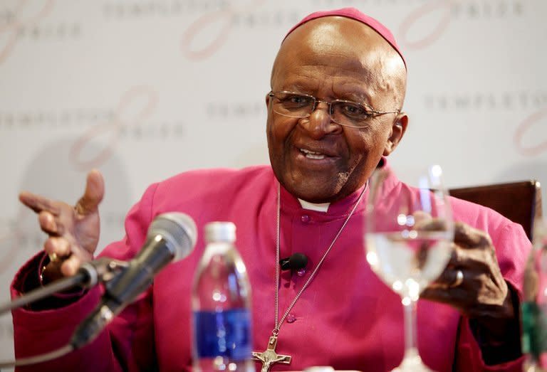 South African Archbishop Desmond Tutu gives a press conference on April 11, 2013, in Cape Town. Tutu checked into a South African hospital on Wednesday for tests related to an ongoing infection, his foundation said