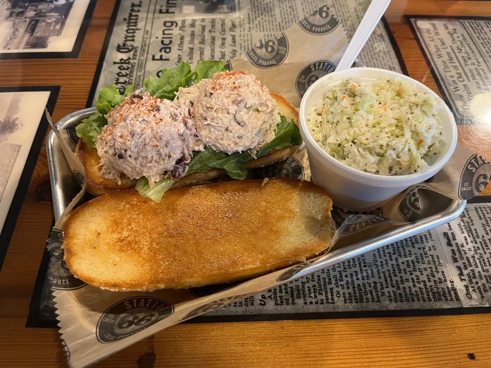 A favorite at Station 66 is the Chicken Salad Sandwich, which includes the house-made 'famous recipe'.