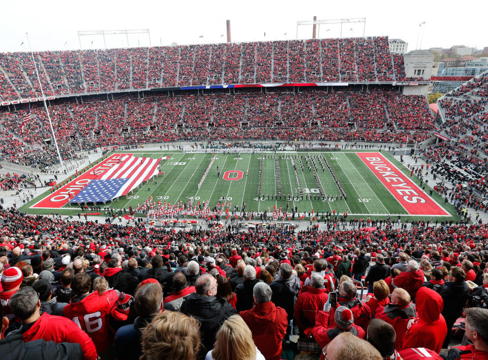 COLUMBUS, OH - NOVEMBER 11:  A general overview of the large American flag displayed in the end zone during the playing of the national anthem by the Ohio State Marching Band prior to the start of the game between the Michigan State Spartans (13) and the Ohio State Buckeyes (11) on November 11, 2017 at Ohio Stadium in Columbus, Ohio.  Ohio State defeated Michigan State 48-3.  (Photo by Scott W. Grau/Icon Sportswire via Getty Images)