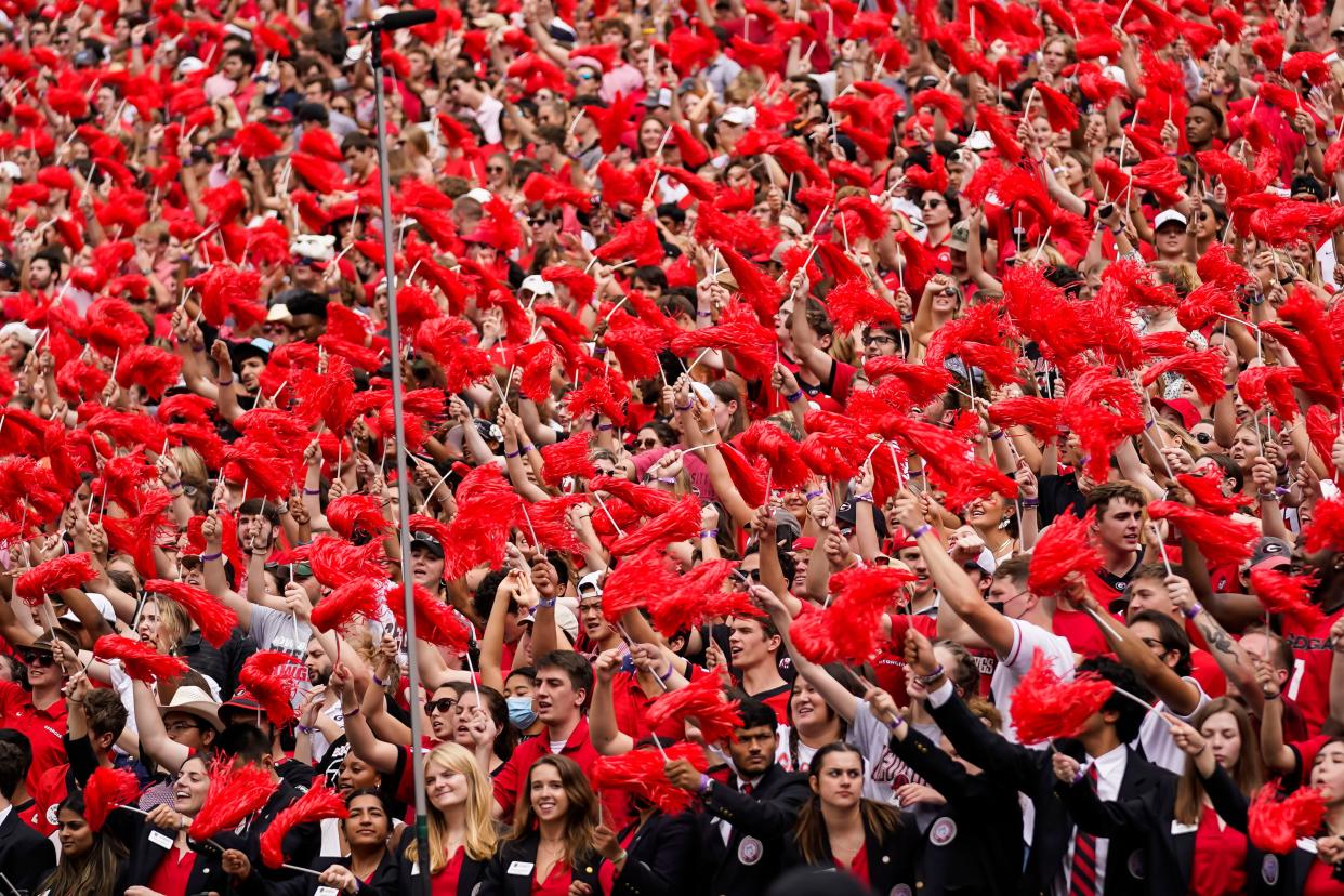 Oct 2, 2021; Athens, Georgia, USA; Georgia fans react after a touchdown against the Arkansas Razorbacks during the first half at Sanford Stadium. Dale Zanine-USA TODAY Sports