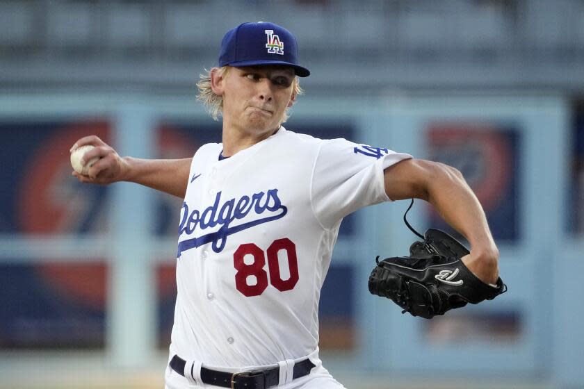 Los Angeles Dodgers starting pitcher Emmet Sheehan throws to base during the first inning.