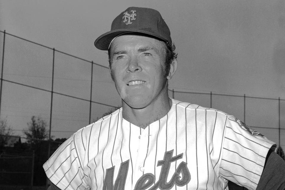 FILE - New York Mets catcher Jerry Grote is seen at spring training camp in St. Petersburg, Fla., in March 1977. Grote, the catcher who helped transform the New York Mets from a perennial loser into the 1969 World Series champion, died Sunday, April 7, 2024. (AP Photo/Harry Harris, File)