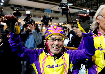 French cyclist Robert Marchand reacts as he arrives before attempting to break his own world cycling record at the age of 105, taking part in a one-hour cycling event in the Masters + 100 category held at the Velodrome National in Montigny-les-Bretonneux, southwest of Paris, France, January 4, 2017. REUTERS/Jacky Naegelen