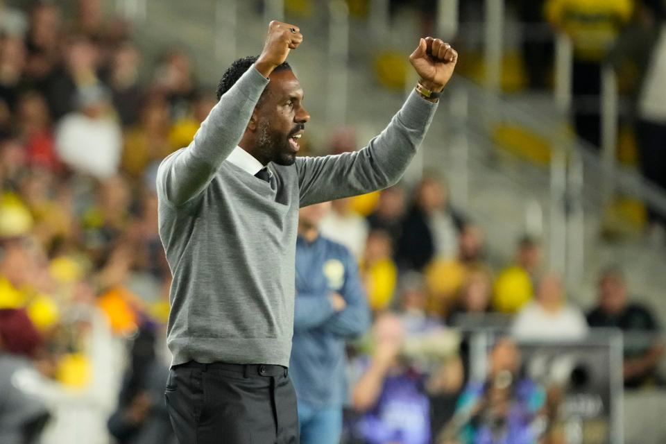 Sep 25, 2024; Columbus, Ohio, USA; Columbus Crew head coach Wilfried Nancy motions to his team during the second half of the Campeones Cup Final against Club América at Lower.com Field. The Crew lost 5-4 in penalty kicks.