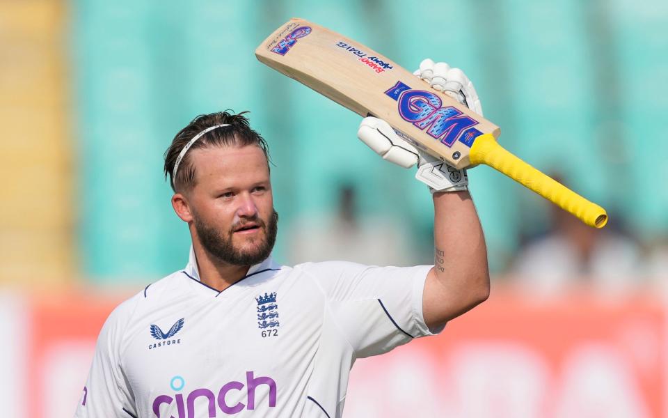 Ben Duckett celebrates his hundred off 88 balls