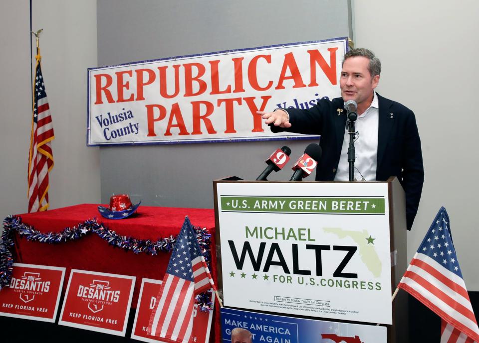 Congressman Michael Waltz addresses partygoers at the Hard Rock Hotel in Daytona Beach after winning his Republican primary on Aug. 23. Waltz is seeking a third term representing Florida's 6th District.