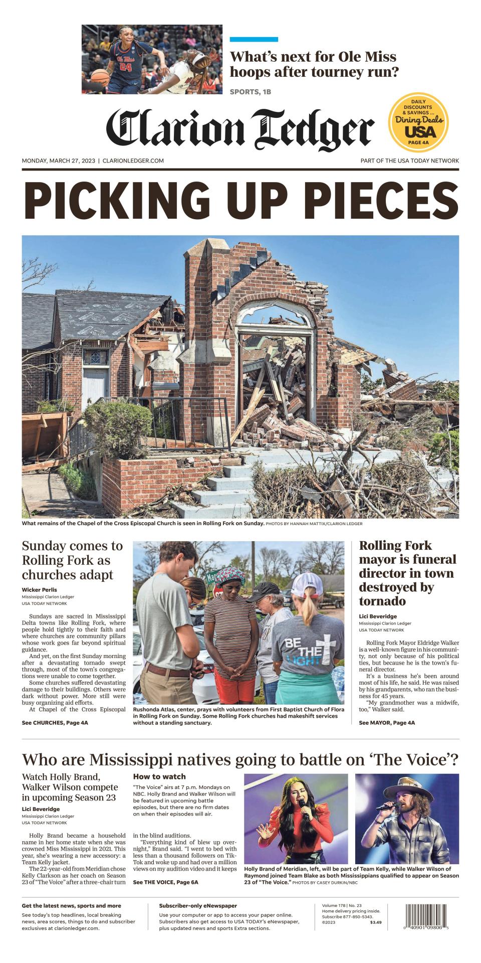 Clarion Ledger Day 3 front page of tornado aftermath.
