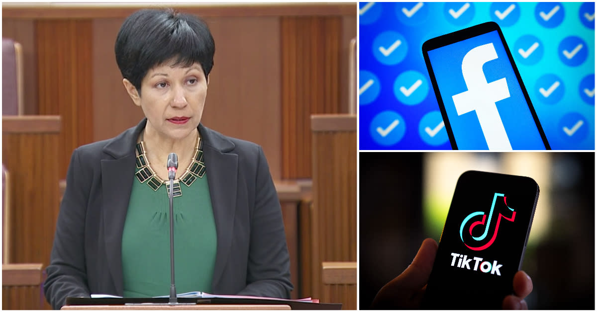 Minister in the Prime Minister's Office Indranee Rajah has called for a correction direction by the POFMA office on a Facebook post and a TikTok post which has falsehoods on the Raeesah Khan COP incident. (PHOTOS: Yahoo Southeast Asia/Getty Images)