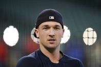 Houston Astros' Alex Bregman gets ready to hit before Game 2 of the baseball World Series against the Washington Nationals Wednesday, Oct. 23, 2019, in Houston. (AP Photo/David J. Phillip)