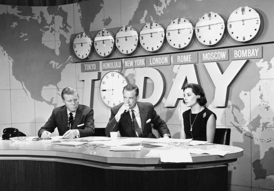 From left, NBC News' Jack Lescoulie, Hugh Downs and Barbara Walters report on the assassination of President John F. Kennedy on Nov. 23, 1963.  (NBC)
