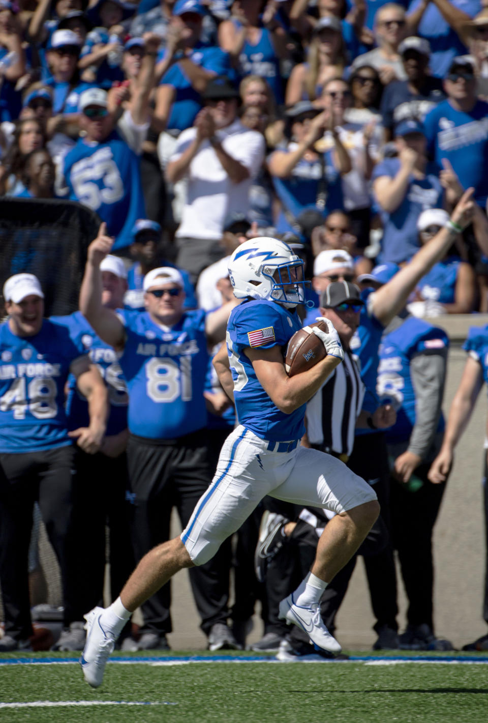 Air Force wide receiver Dane Kinamon (23) runs in for a touchdown against the Northern Iowa during an NCAA college football game Saturday Sept. 3, 2022, in Colorado Springs, Colo. (Parker Seibold/The Gazette via AP)