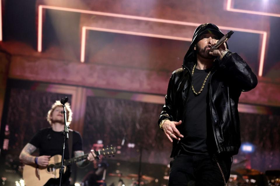 Eminem performs on stage with Sheeran at the Rock & Roll Hall of Fame Induction Ceremony last November (Getty Images for The Rock and Ro)