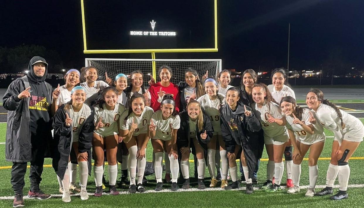 The Oxnard High girls soccer team poses for a photo after beating host Pacifica 3-0 on Thursday to clinch the Pacific View League title for the third straight season and  the ninth time out of the last 10.