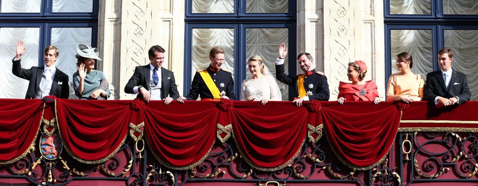 LUXEMBOURG - OCTOBER 20: Prince Louis of Luxembourg, Princess Tessy of Luxembourg, Prince Felix of Luxembourg, Grand Duke Henri of Luxembourg, Princess Stephanie of Luxembourg, Prince Guillaume of Luxembourg, Grand Duchess Maria Teresa of Luxembourg, Princess Alexandra of Luxembourg and Prince Sebastien of Luxembourg pose on the balcony after the wedding ceremony of Prince Guillaume Of Luxembourg and Princess Stephanie of Luxembourg at the Cathedral of our Lady of Luxembourg on October 20, 2012 in Luxembourg, Luxembourg. The 30-year-old hereditary Grand Duke of Luxembourg is the last hereditary Prince in Europe to get married, marrying his 28-year old Belgian Countess bride in a lavish 2-day ceremony. (Photo by Andreas Rentz/Getty Images)