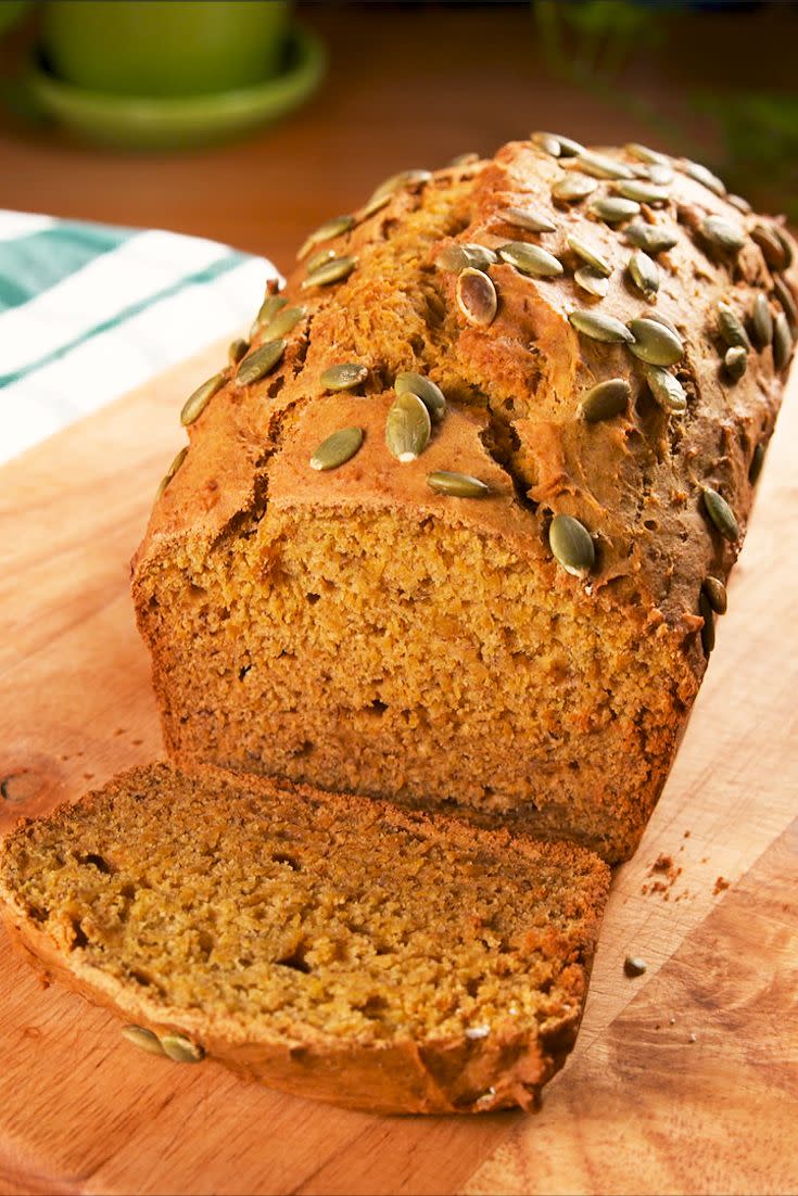 <p>We took our love of a <a href="https://www.delish.com/cooking/recipe-ideas/recipes/a50825/best-banana-bread-recipe/" rel="nofollow noopener" target="_blank" data-ylk="slk:classic banana bread;elm:context_link;itc:0;sec:content-canvas" class="link ">classic banana bread</a> and pumpkin to create to a fall quick bread that is soft and perfectly spiced. The pumpkin and banana help make this loaf moist, while the banana also helps sweeten the bread so less sugar is needed. The pepitas on top are optional but give it nice texture and a great little crunch!</p><p>Get the <strong><a href="https://www.delish.com/cooking/recipe-ideas/a34151000/pumpkin-banana-bread-recipe/" rel="nofollow noopener" target="_blank" data-ylk="slk:Pumpkin Banana Bread recipe;elm:context_link;itc:0;sec:content-canvas" class="link ">Pumpkin Banana Bread recipe</a></strong>. </p>