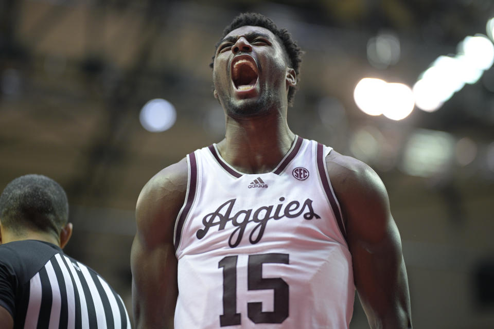 Texas A&M forward Henry Coleman III (15) celebrates after scoring during the second half of an NCAA college basketball game against Penn State, Thursday, Nov. 23, 2023, in Kissimmee, Fla. (AP Photo/Phelan M. Ebenhack)