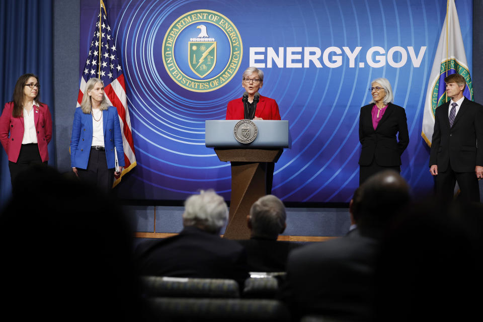 U.S. Energy Secretary Jennifer Granholm (C) is joined by (L-R) Lawrence Livermore National Laboratories Director Dr. Kim Budil, National Nuclear Security Administration head Jill Hruby, White House Office of Science and Technology Policy Director Dr. Arati Prabhakar and NNSA Deputy Administrator for Defense Programs Dr. Marvin Adams for a news conference at the Department of Energy headquarters to announce a breakthrough in fusion research on Dec. 13, 2022 in Washington, DC.  / Credit: Getty Images