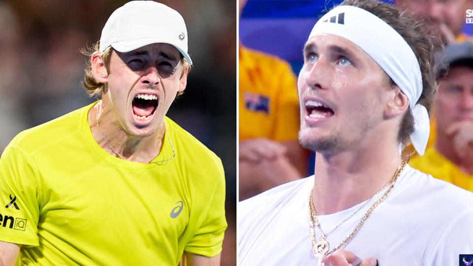 Alexander Zverev was left fuming after Alex de Minaur called out in the middle of the rally. Image: Getty/Channel 9