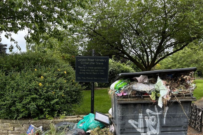 Overflowing bins at the London Road cemetery civilian war grave, 8 June 2024