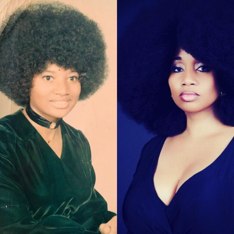 A photo of Deborah E. Dugas (left) in the 1970s next to a photo of her daughter, Aevin Dugas (right). Aevin has an afro measuring 9.84 inches tall, 10.24 inches wide and 5.41 feet in circumference. Her hair set a Guinness world record for the biggest afro among women.