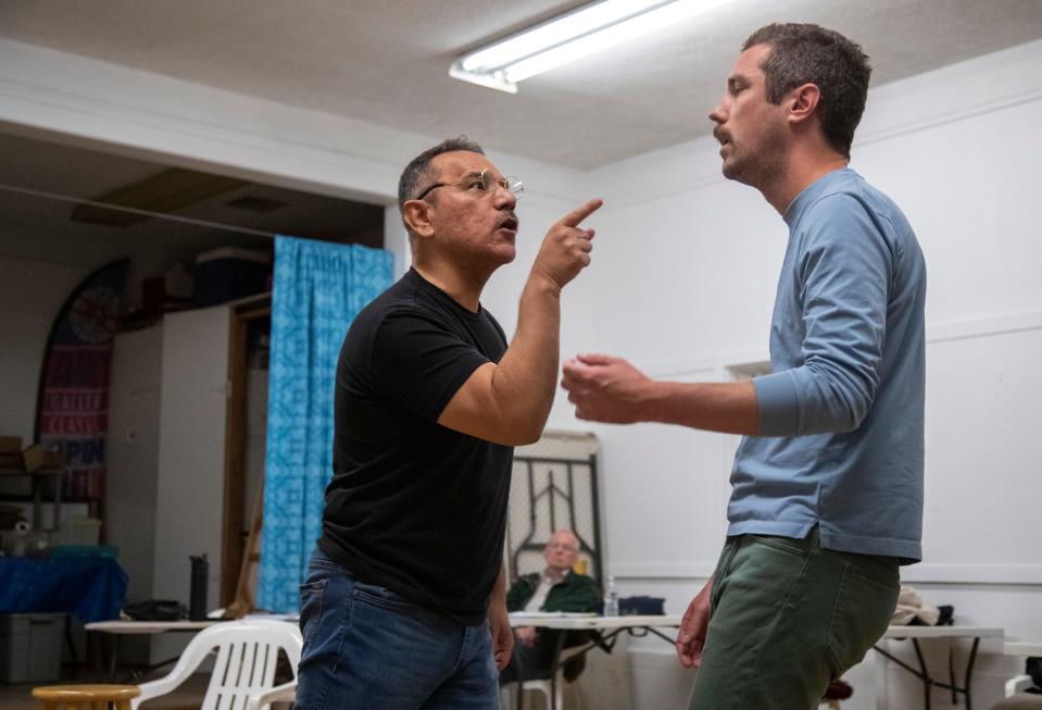Max Brod played by actor Charles Herrera argues with Franz Kafka played by John Corr during a rehearsal of "Kafka's Joke" at Desert Art Center in Palm Springs, Calif., Thursday, March 2, 2023. 