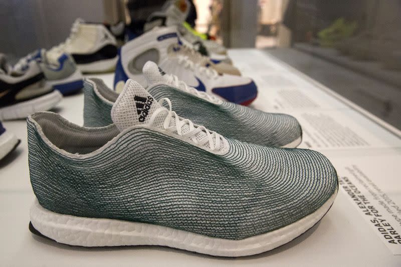 FILE PHOTO: A pair of sneakers from Adidas collaboration with "Parley for the Oceans" is seen at the Brooklyn Museum in the Brooklyn borough of New York