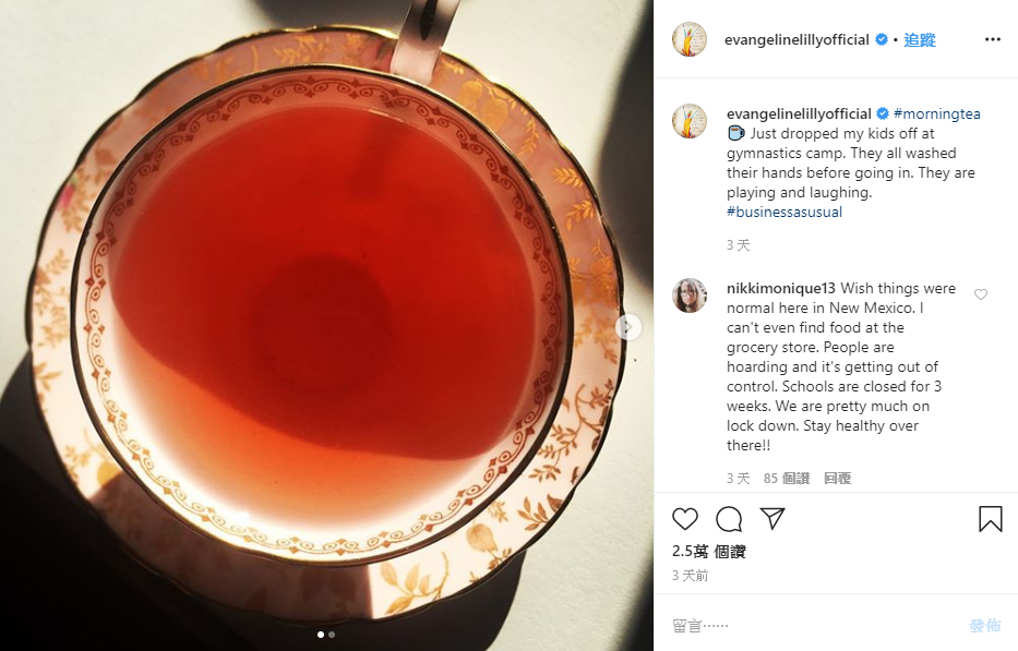 一杯茶的照片不料造成軒然大波，粉絲問她茶葉品種，結果也被別的網友酸。（翻攝自伊凡潔琳莉莉IG）