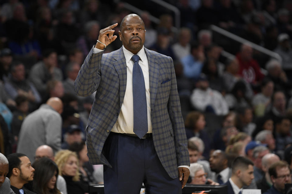Georgetown head coach Patrick Ewing reacts during the first half of an NCAA college basketball game against Villanova, Saturday, March 7, 2020, in Washington. (AP Photo/Nick Wass)