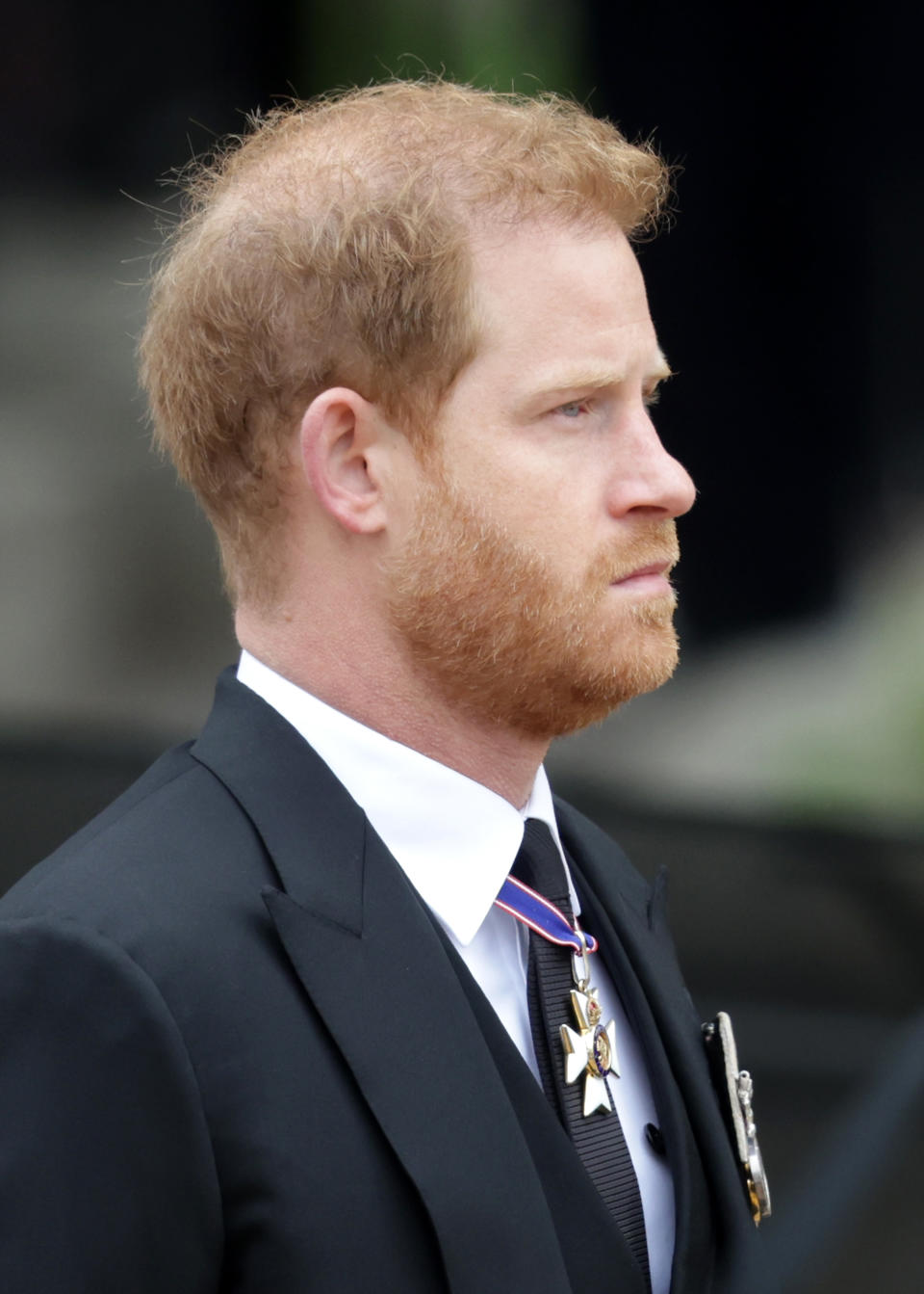 Prince Harry, Duke of Sussex attends The State Funeral Of Queen Elizabeth II at Westminster Abbey on September 19, 2022 in London, England. Elizabeth Alexandra Mary Windsor was born in Bruton Street, Mayfair, London on 21 April 1926. She married Prince Philip in 1947 and ascended the throne of the United Kingdom and Commonwealth on 6 February 1952 after the death of her Father, King George VI. Queen Elizabeth II died at Balmoral Castle in Scotland on September 8, 2022, and is succeeded by her eldest son, King Charles III. (Photo by Chris Jackson/Getty Images)