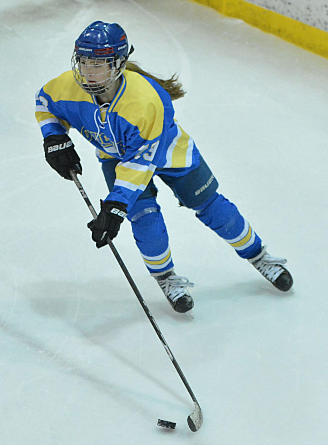 Rachel Siefken of the Aberdeen Cougars gets ready to head down the ice during a South Dakota Amateur Hockey Association varsity girls' game against the Watertown Lakers on Friday, Jan. 26, 2024. Aberdeen won 6-0.