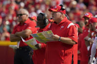 Kansas City Chiefs head coach Andy Reid watches from the sidelines during the first half of an NFL football game against the Cleveland Browns Sunday, Sept. 12, 2021, in Kansas City, Mo. (AP Photo/Ed Zurga)