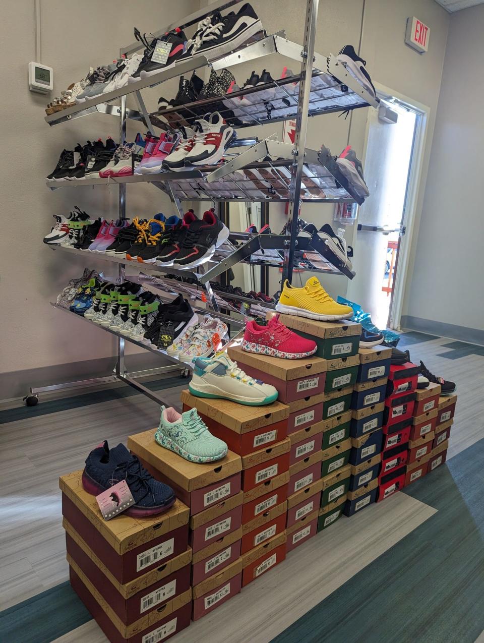 Shoes available at the Tiger Care Center. A new center for homeless families and students in need or referred by staff. The Tiger Care Center houses items like clothing, toiletries, food and an on-site social worker.