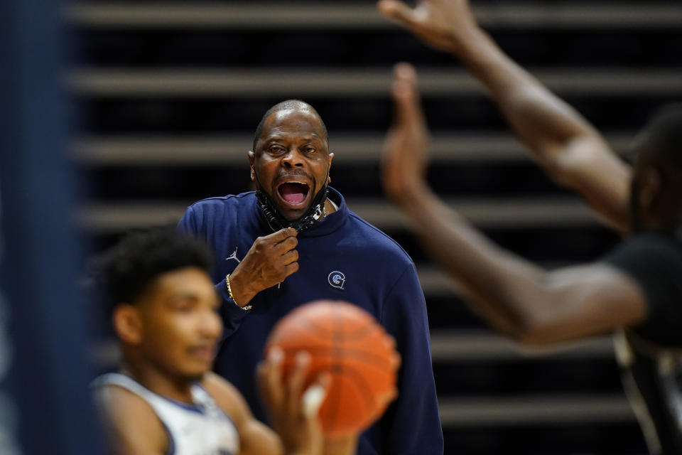 Georgetown head coach Patrick Ewing yells during the first half of an NCAA college basketball game against Villanova, Sunday, Feb. 7, 2021, in Villanova, Pa. (AP Photo/Matt Slocum)