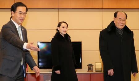 North Korean leader Kim Jong Un's younger sister Kim Yo Jong and president of the Presidium of the Supreme People's Assembly Kim Yong Nam are guided by South Korea's Unification Minister Cho Myoung-gyun to a meeting room in Incheon, South Korea February 9, 2018. Yonhap via REUTERS