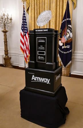 Jan 14, 2019; Washington, DC, USA; The Amway Coaches trophy is on display before the ceremony honoring the college football playoff champion Clemson Tigers in the East Room of the White House. Mandatory Credit: Brad Mills-USA TODAY Sports