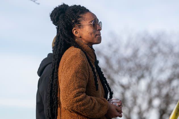 Donya Prioleau, a survivor of the fatal shooting at a Walmart Supercenter in Chesapeake, Virginia, visits the site of the attack Thursday.