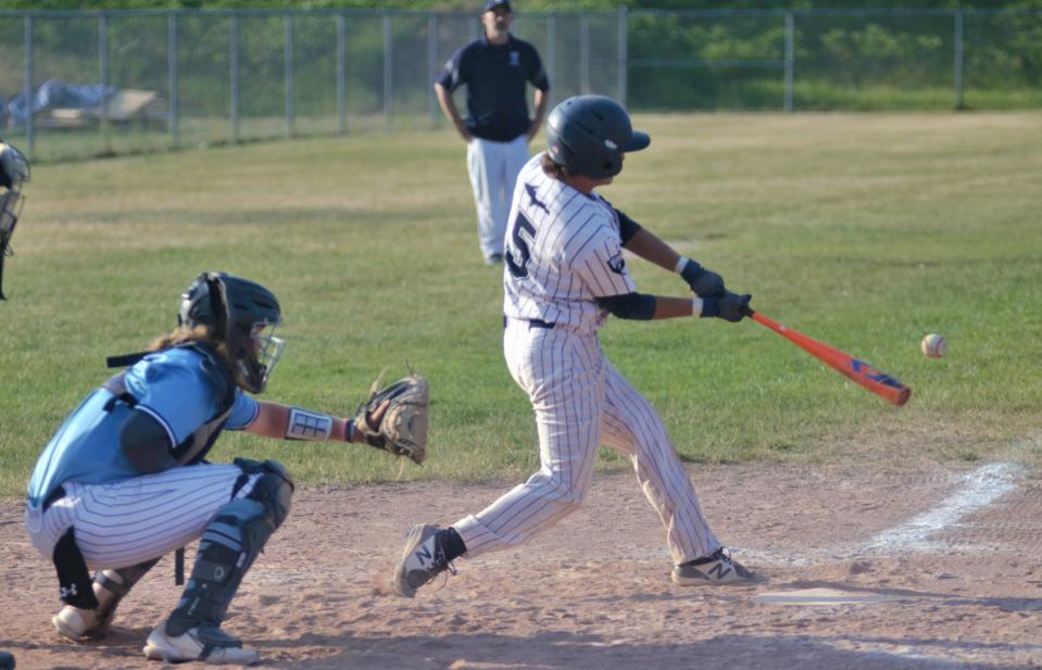 Sault Ste. Marie's Matt Lumsden connects on a pitch over the plate during Wednesday's regional semifinal.