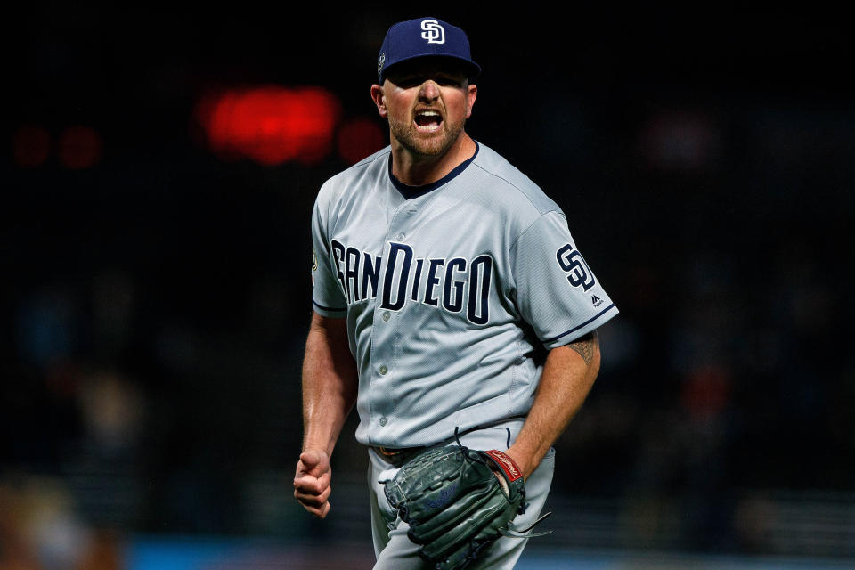 SAN FRANCISCO, CA - APRIL 08: Kirby Yates #39 of the San Diego Padres celebrates after the game against the San Francisco Giants at Oracle Park on April 8, 2019 in San Francisco, California. The San Diego Padres defeated the San Francisco Giants 6-5. (Photo by Jason O. Watson/Getty Images)