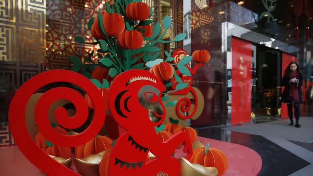 Bank decorations in Hong Kong for Monkey Year, which starts on Feb. 8.